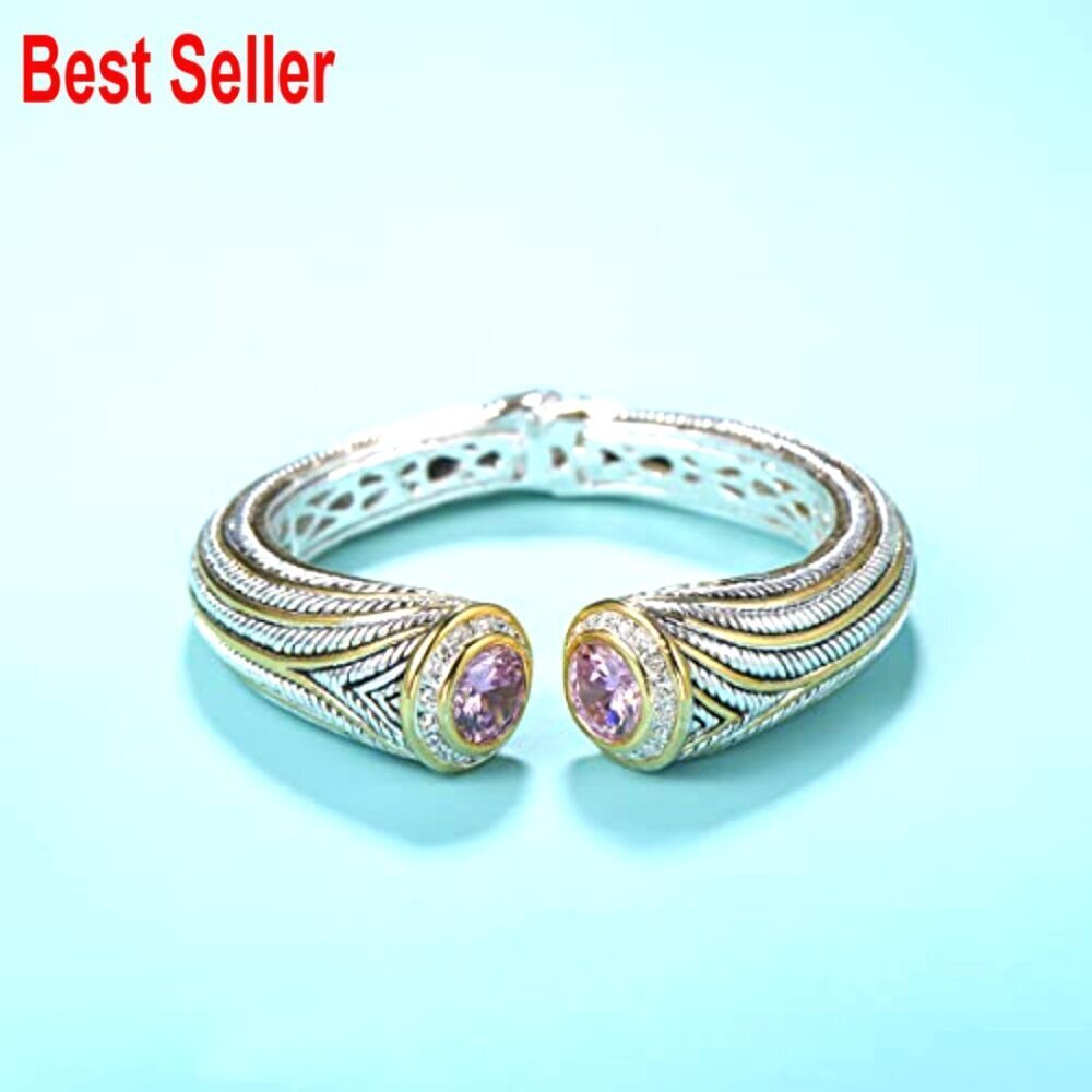 Multi Strand Twisted Wire Cable CZ Cuff Bangle, Spring Open Design - Picture 2 of 6